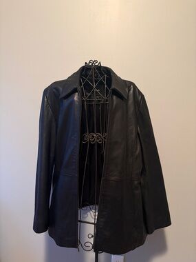 Women's Black Leather Zip-Front Jacket with Point Collar